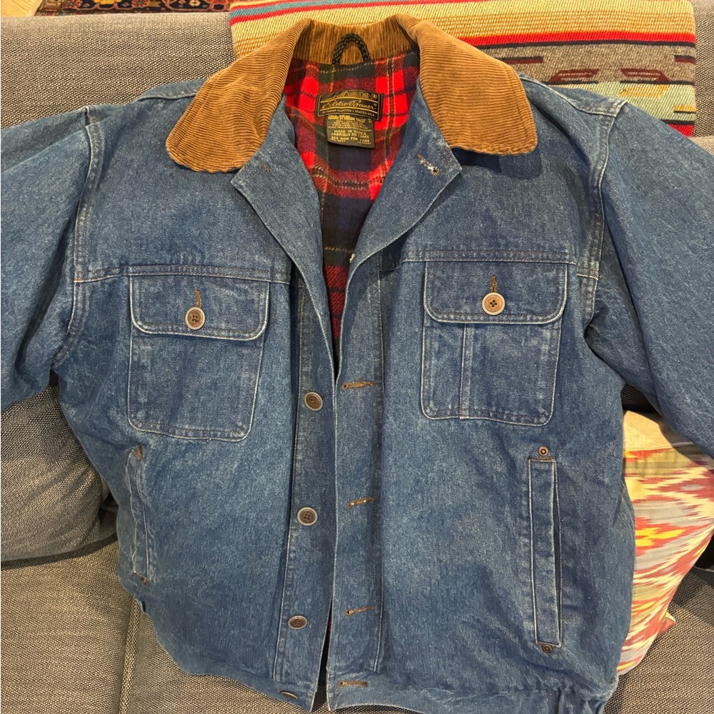 Eddie Bauer Men’s L flannel lined denim jacket sz Large Tall